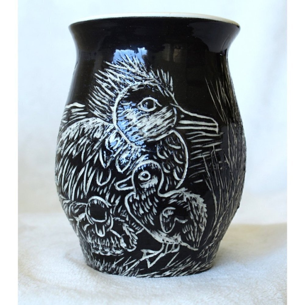 Hand Carving Ducks Birds Ceramic Vase Black & White Minimalist Pottery Celadon